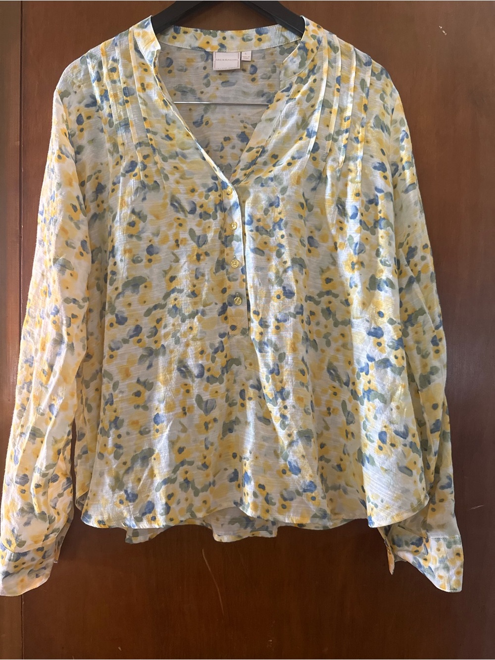 Zac & Rachel Yellow and Blue Floral Pintuck Henley Blouse